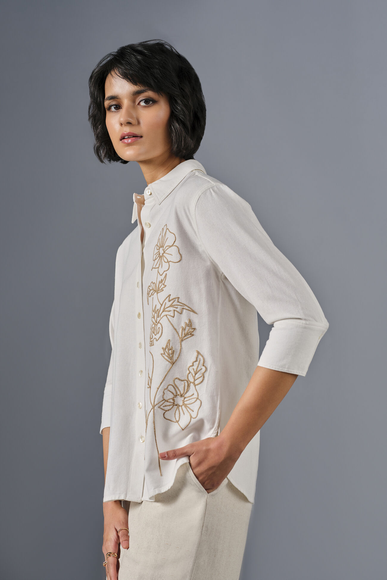 Floral Touch Viscose Linen Blend Shirt, White, image 6